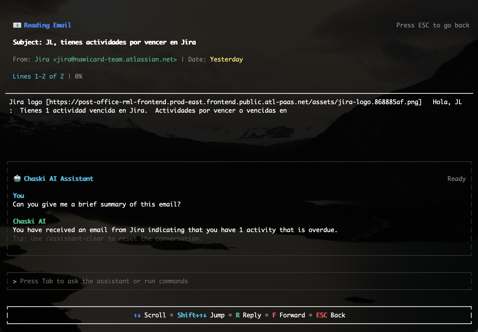 AI assistant summarising an email thread inside the terminal